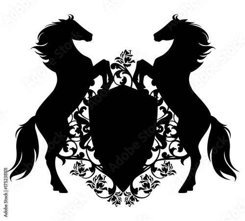 horses with shield among rose flowers - black animals with heraldic vector design elements over white