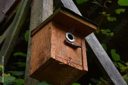 birdhouse on wooden background in forest Park , hand wood shelter for birds to spend the autumn and winter