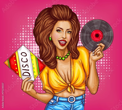Attractive smiling woman in tied shirt and jeans with vinyl record in hands  singing and dancing pop art vector illustration on dotted background. Sexy girl disco dancer or music lover pin up concept