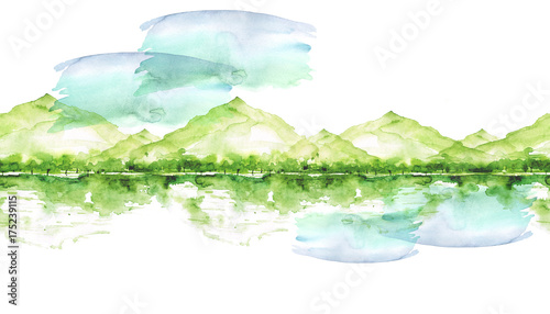 Seamless watercolor linear pattern, border. green mountain landscape, a river, a forest and a reflection in the water, silhouette of trees. On white isolated background.
Vintage drawing