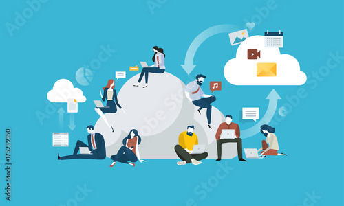 Cloud computing. Flat design people and technology concept. Vector illustration for web banner, business presentation, advertising material.