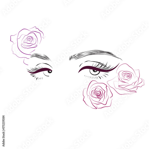 Vector illustration Beautiful woman eyes with long eyelashes and roses