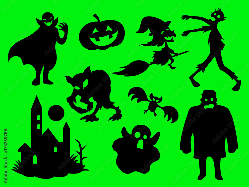 The Green Halloween, mystical characters silhouette pattern cartoon vector