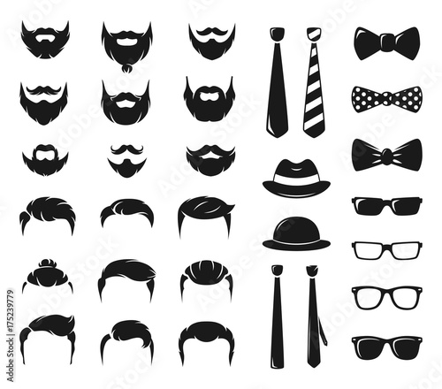 Hipster portraits creation kit. Monochrome constructor with male moustache, beard and haircut