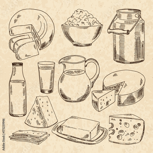 Vintage hand drawn illustrations of yogurt, cheeses and other fresh milk products