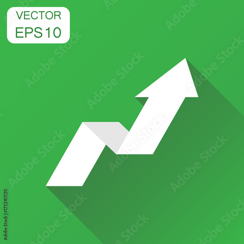 Arrow growing graph icon. Business concept progress arrow grow pictogram. Vector illustration on green background with long shadow.