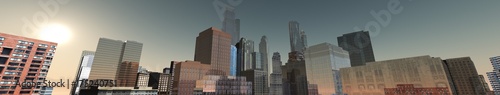 panorama of city  skyscrapers on sky background view from below  3d rendering  