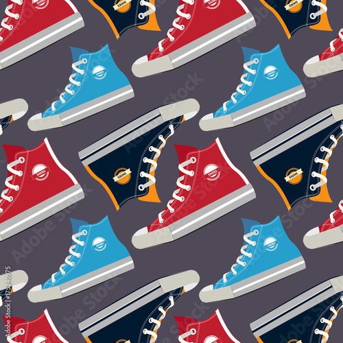 Pictures of colored sneakers. Vector seamless pattern
