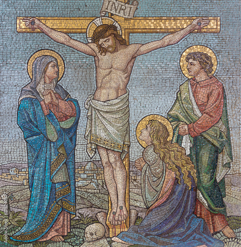 LONDON, GREAT BRITAIN - SEPTEMBER 17, 2017: The mosaic of The Crucifixion in church St. Barnabas by Bodley and Garner (end of 19. cent.).