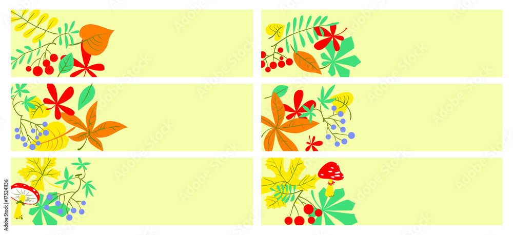 Six vector colorful fall banners with leaves, berries and mushrooms.
