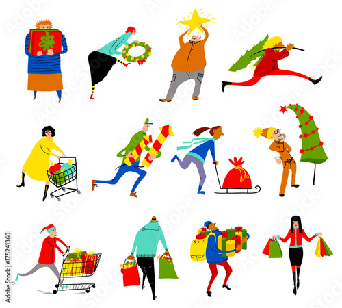 Shopping people set. Christmas sale collection. Group of people in rush time in winter holidays eve.