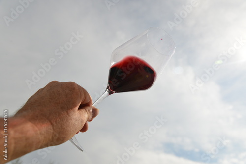 hand holdin a glass of red wine