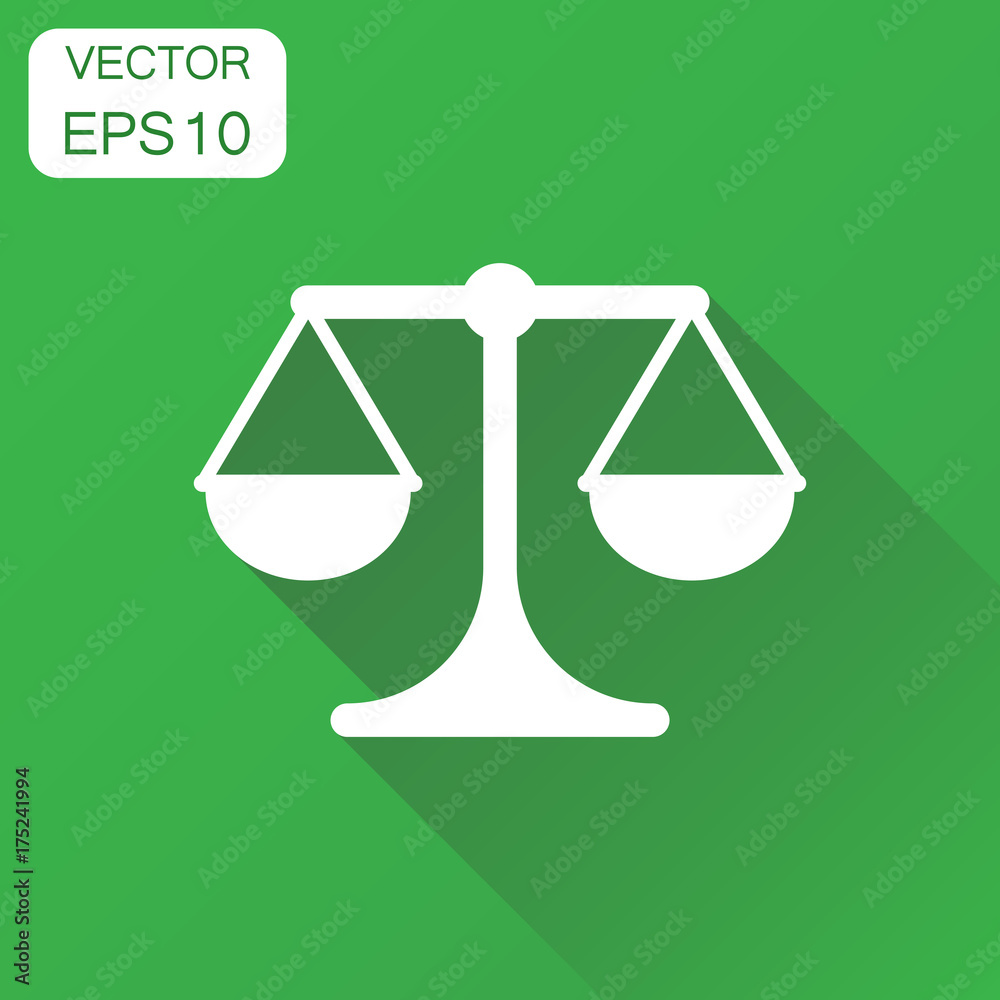 Scale weigher icon. Business concept weigher, balance sign pictogram. Vector illustration on green background with long shadow. Scale weigher icon. Business concept weigher, balance sign pictogram. Vector illustration on green background with long shadow.