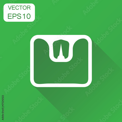 Bathroom scale weigher icon. Business concept weigher, balance sign pictogram. Vector illustration on green background with long shadow.