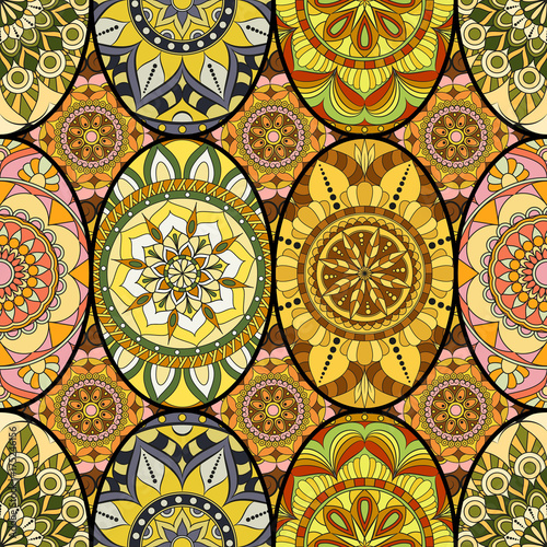Seamless pattern tile with mandalas. Vintage decorative elements. Hand drawn background. Islam  Arabic  Indian  ottoman motifs. Perfect for printing on fabric or paper.