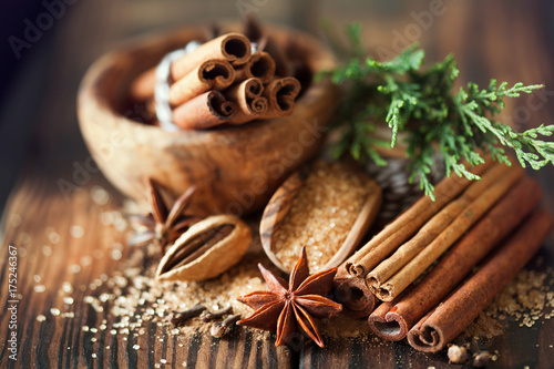 Fototapeta Naklejka Na Ścianę i Meble -  Traditional Christmas spices, food background