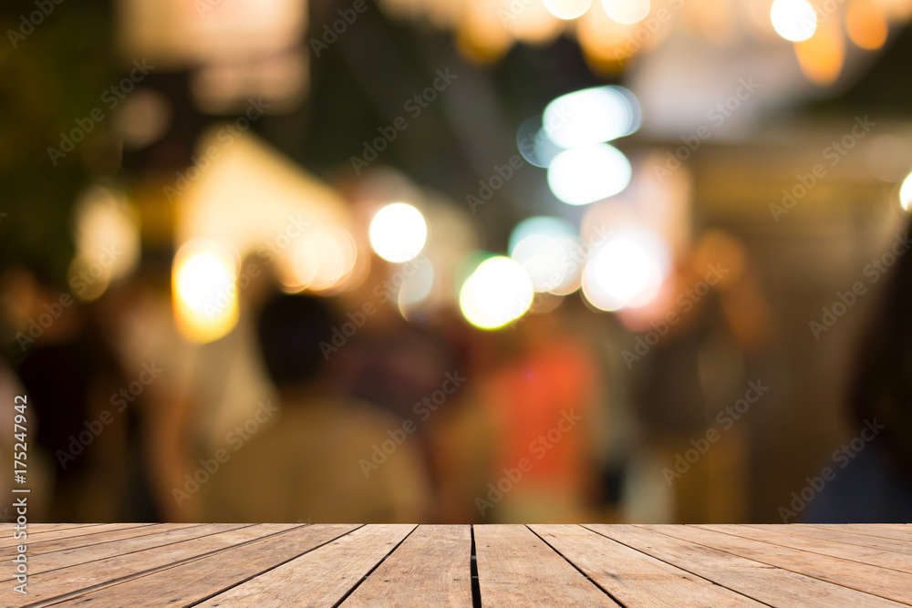 Wood of brown on front blurred background night city, presentation, abstract