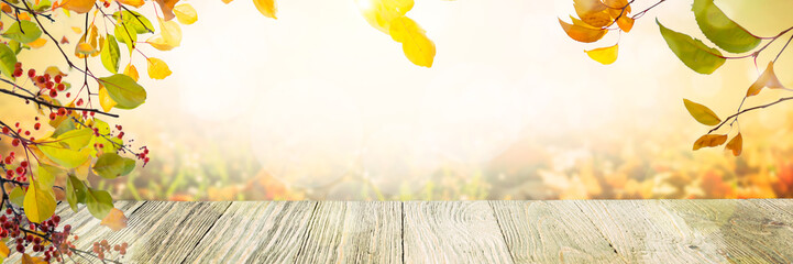 Wooden table with autumn leaves sunny day background