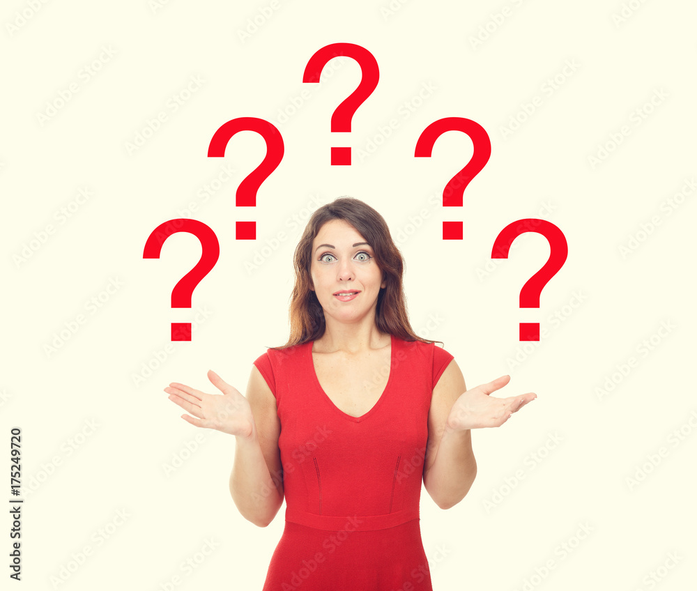Woman asked. The question marks around. The concept for information about the issue and wonder. Surprise - is the question. Red dress. Woman asked. The question marks around. The concept for information about the issue and wonder. Surprise - is the question. Red dress.
