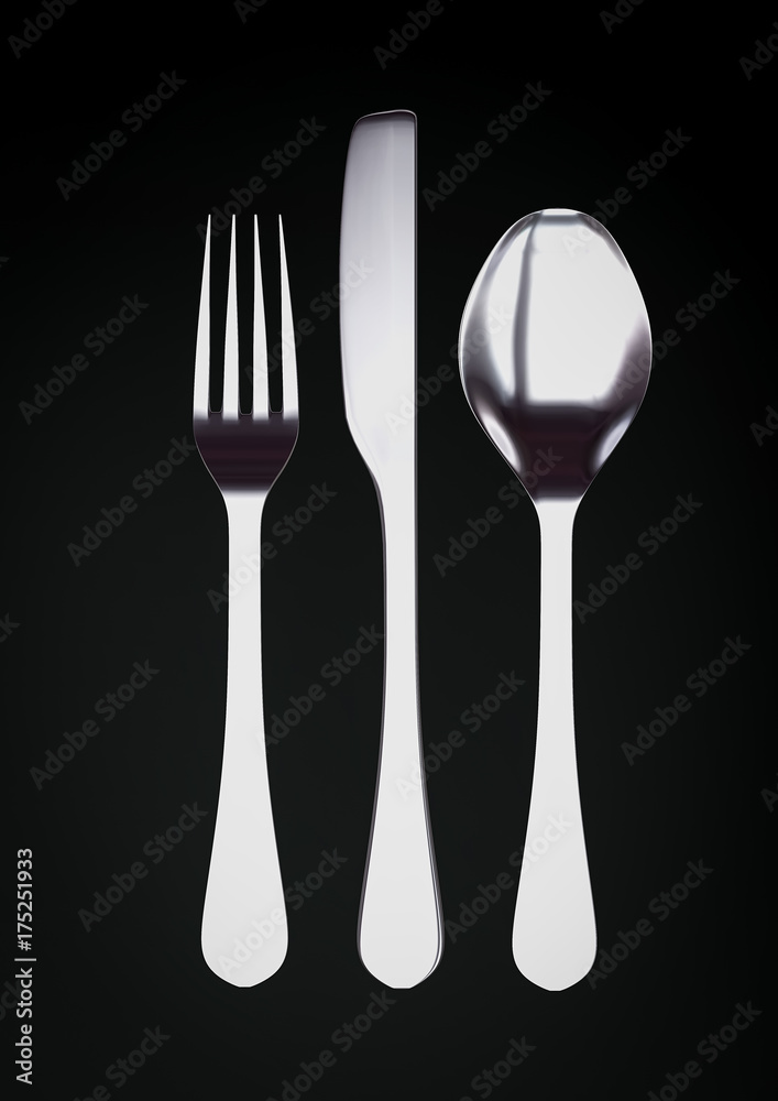 Silver fork, knife and spoon on black background with copy space 3d illustration Silver fork, knife and spoon on black background with copy space 3d illustration