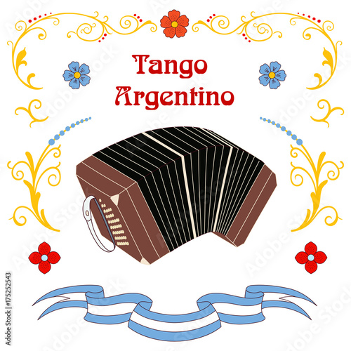 Hand drawn vector illustration with argentine tango design elements - bandoneon, text and traditional Buenos Aires fileteado ornaments.