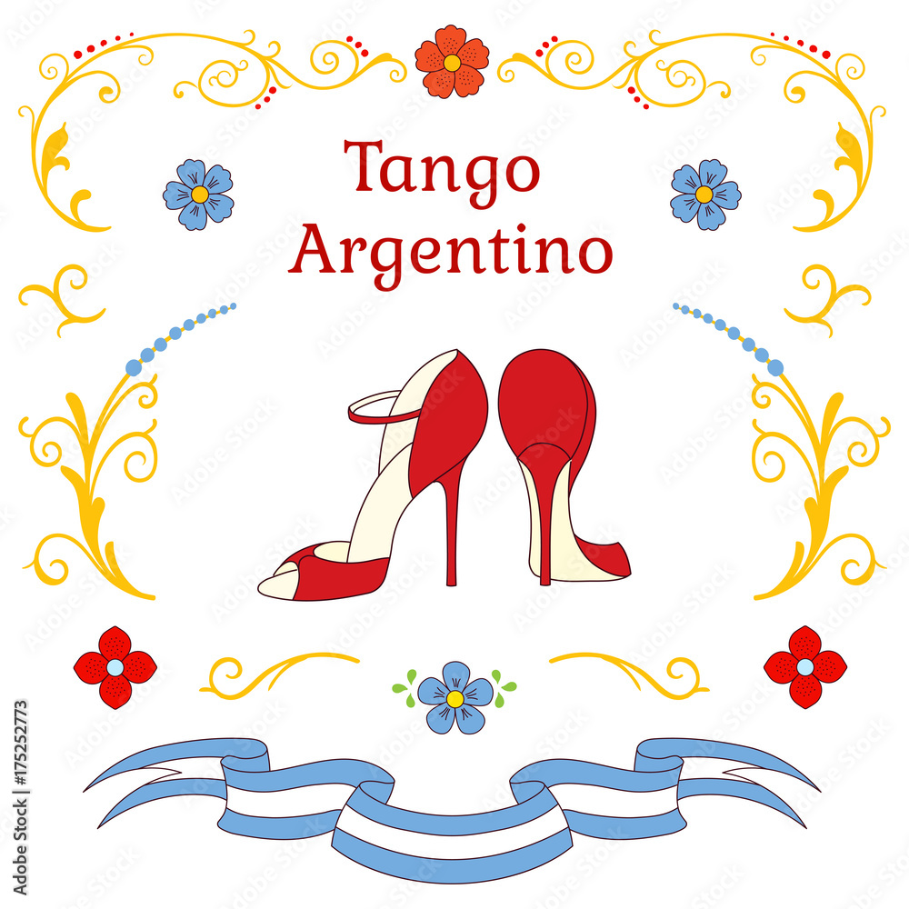 Hand drawn vector illustration with argentine tango design elements - women dancing shoes, text, traditional Buenos Aires fileteado ornaments. - obrazy, fototapety, plakaty 