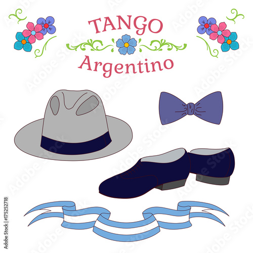 Hand drawn vector illustration with argentine tango design elements - men dancing shoes, hat, bow tie, traditional Buenos Aires fileteado ornaments.