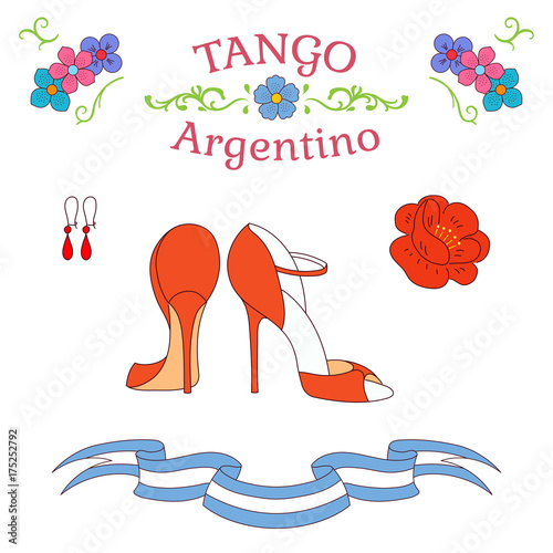 Hand drawn vector illustration with argentine tango design elements - women dancing shoes, earrings, flower, traditional Buenos Aires fileteado ornaments.