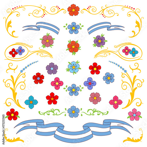 Hand drawn vector illustration with traditional Buenos Aires fileteado ornament elements - flowers, decorative plants, leaves, ribbons.