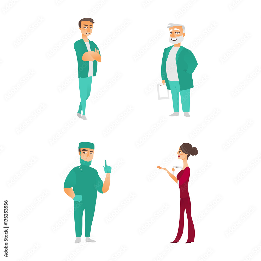 vector flat cartoon adult male, female doctors, head physician, nurse in medical clothing holding clipboard, syringe stethoscope smiling set. Isolated illustration on a white background.