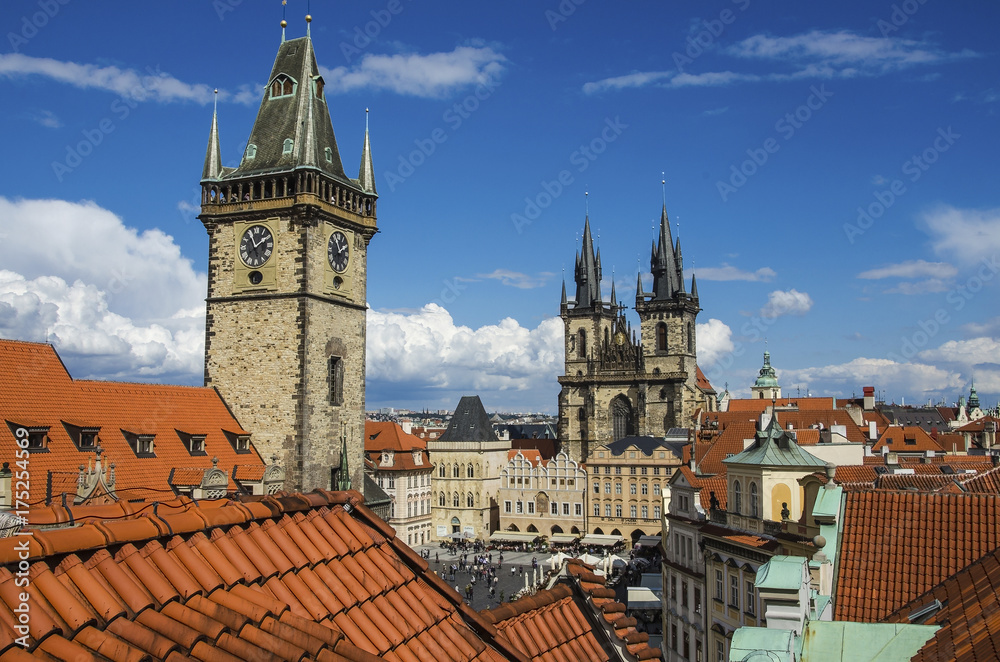 Houses with traditional red roofs in Prague Old Town Square in the Czech Republic