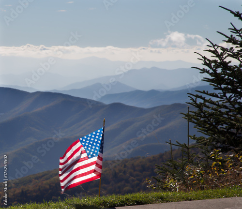 American flag in mountains