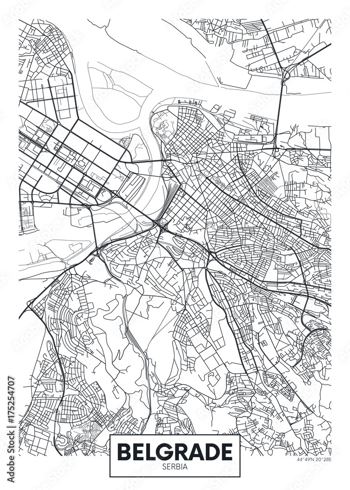 Fototapeta premium Szczegółowa mapa miasta plakat wektor Belgrad