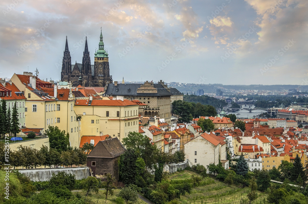panoramic view on Prague castle and old town from above, Czech Republic