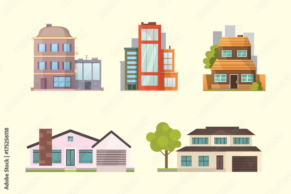 Set of different styles residential houses. City architecture retro and modern buildings. House front cartoon vector illustrations