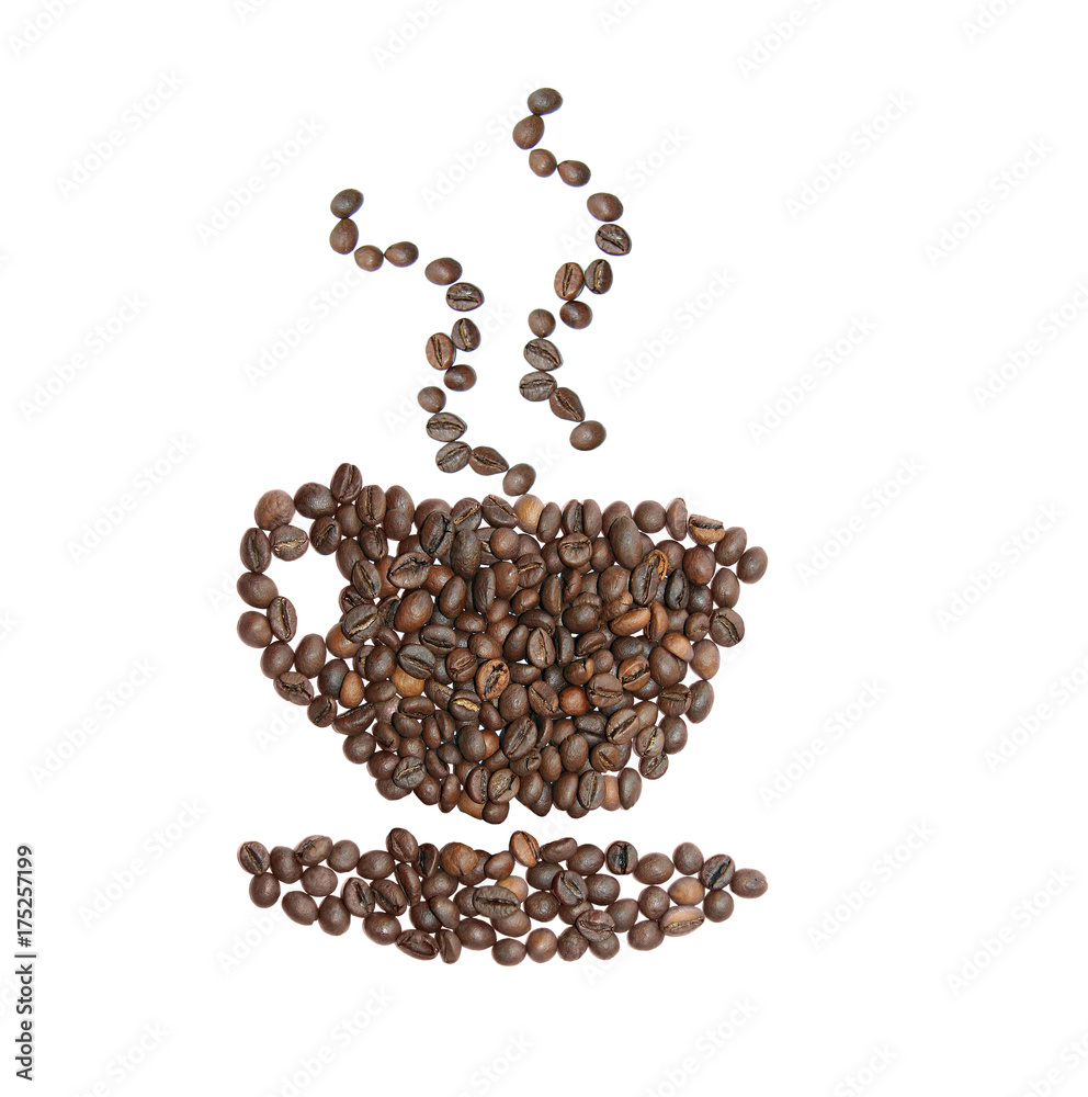 A cup of coffee folded from grains on a white background A cup of coffee folded from grains on a white background