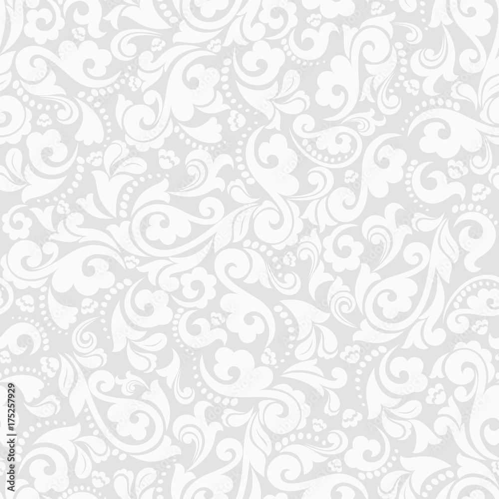Seamless grey background with white pattern in baroque style. Vector retro illustration. Ideal for printing on fabric or paper.