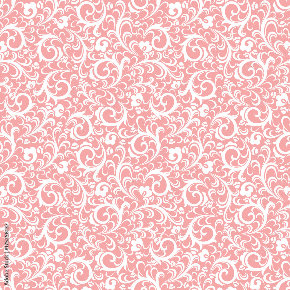Seamless coral background with white pattern in baroque style. Vector retro illustration. Ideal for printing on fabric or paper.