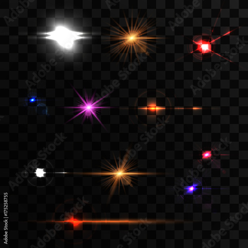 Realistic Lens Flare transparent Elements Collection. Light Effect Design. Vector illustration