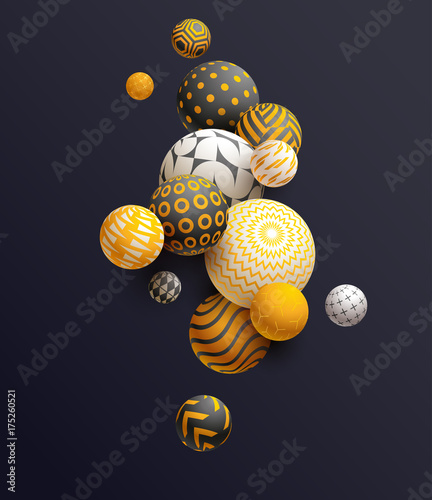 Golden decorative balls on black background. Abstract vector illustration.