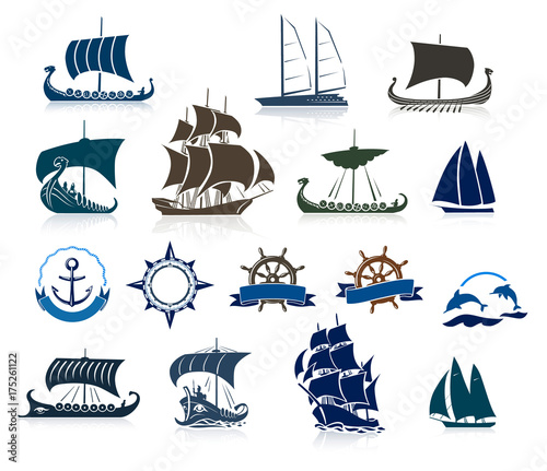 Sailing Ships Silhouettes And Marine Emblems