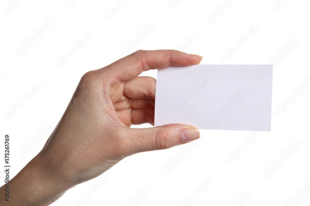 Obraz premium Businesswoman showing a blank business card, isolated on white background