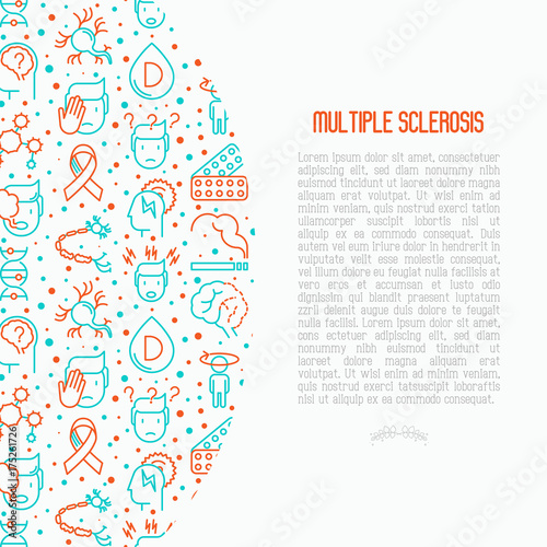 Multiple sclerosis concept with thin line icons of symptoms and treatments: disorientation, heredity, neuron myelin sheaths, vitamin D. Vector illustration for banner, web page.