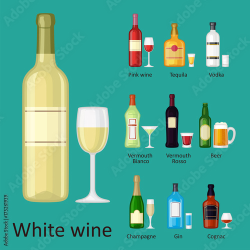 Alcohol drinks beverages cocktail bottle lager container drunk different glasses vector illustration.