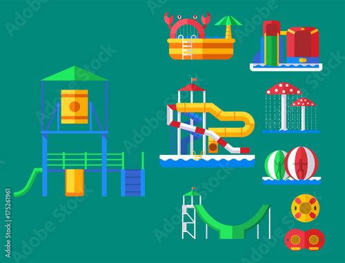 Water aquapark playground with slides and splash pads for family fun vector illustration.