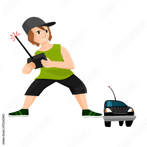 Boy plays with radio controlled car