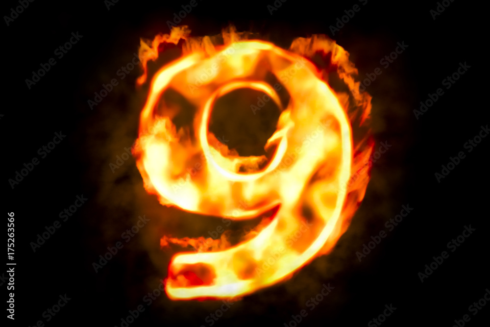 Fire number 9 of burning flame light, 3D rendering