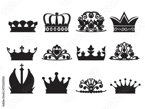Silhouette of diadems and crowns. Vector monochrome pictures isolate