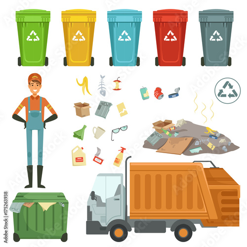 Plastic containers for different trashes. Vector illustration of garbage harvester and dustman
