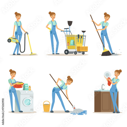 Professional cleaning service. Woman cleaner make some housework